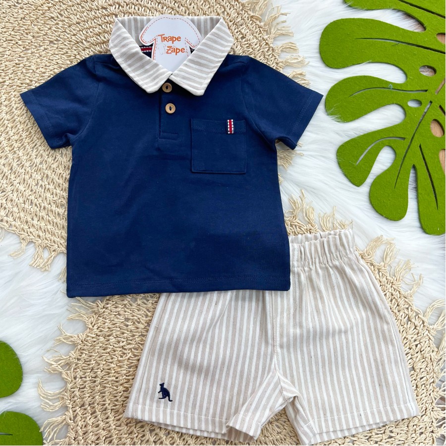 Conj Gola Polo Linho Marinho e Areia